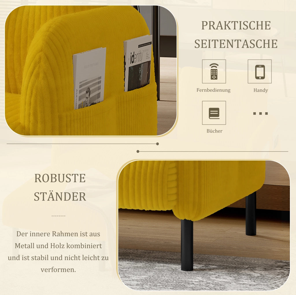 Divano a 2 posti in velluto a coste giallo 120 x 75 x 79 cm con tasca laterale e struttura in metallo