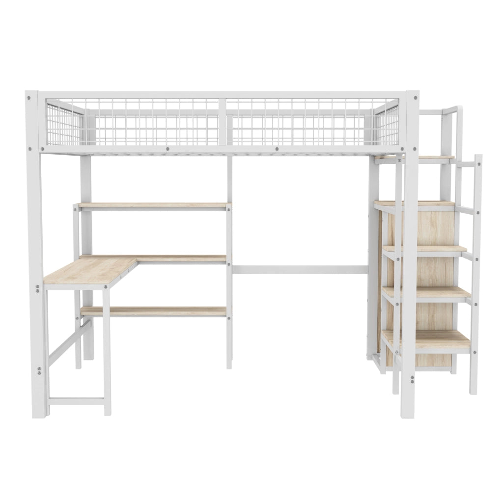 Letto a castello bianco in metallo e MDF con scrivania e armadio 140x200 cm