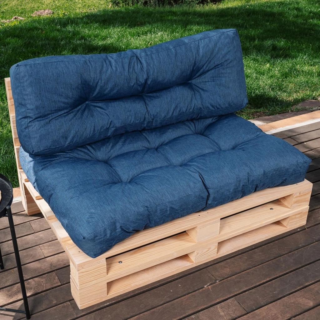 Cuscini per Pallet - Tessuto Idrorepellente e Anti-UV - Molto Confortevole, Imbottito in Schiuma - Cuscini per Divano Esterno Giardino (Seduta 120x80 cm + Schienale 120x40 cm, Blu)