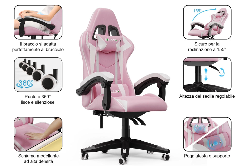 Sedia gaming ergonomica - RATTANTREE - con Supporto Lombare Sedia da Gioco in Pelle Pu con Altezza Regolabile - Rosa