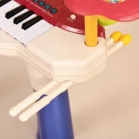 Pianola per Bambini 3-6 Anni con Sgabello, Microfono, Tamburo e Bacchette, in PP e ABS, 74x32.2x71 cm