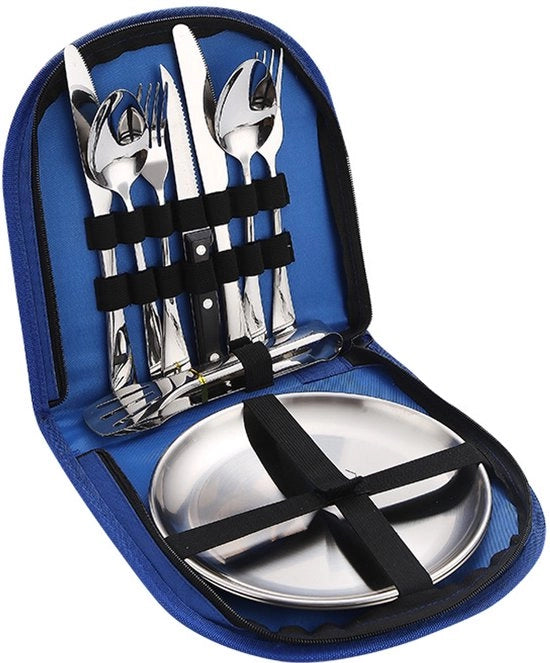 Borsa di stoffa blu con set di utensili esterni in acciaio inossidabile, set di utensili da picnic e campeggio con coltello steak, forchetta e cucchiaio, 10 pezzi.