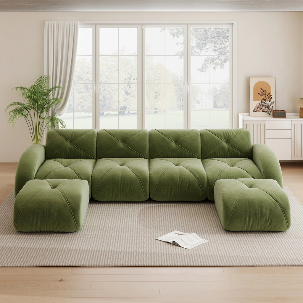 Divano modulare a U senza struttura con 4 posti e 2 pouf, in ciniglia verde, antiscivolo, per soggiorno, senza montaggio