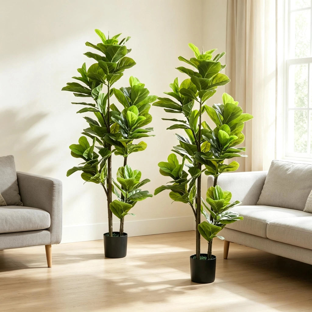 Set da 2 piante artificiali Figuier Lyre da 150 cm con vaso cementato, colore verde