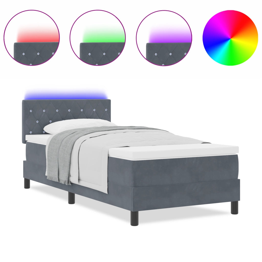 Letto con Box Spring e Materasso & LED Grigio Scuro 100x200 cm Velluto