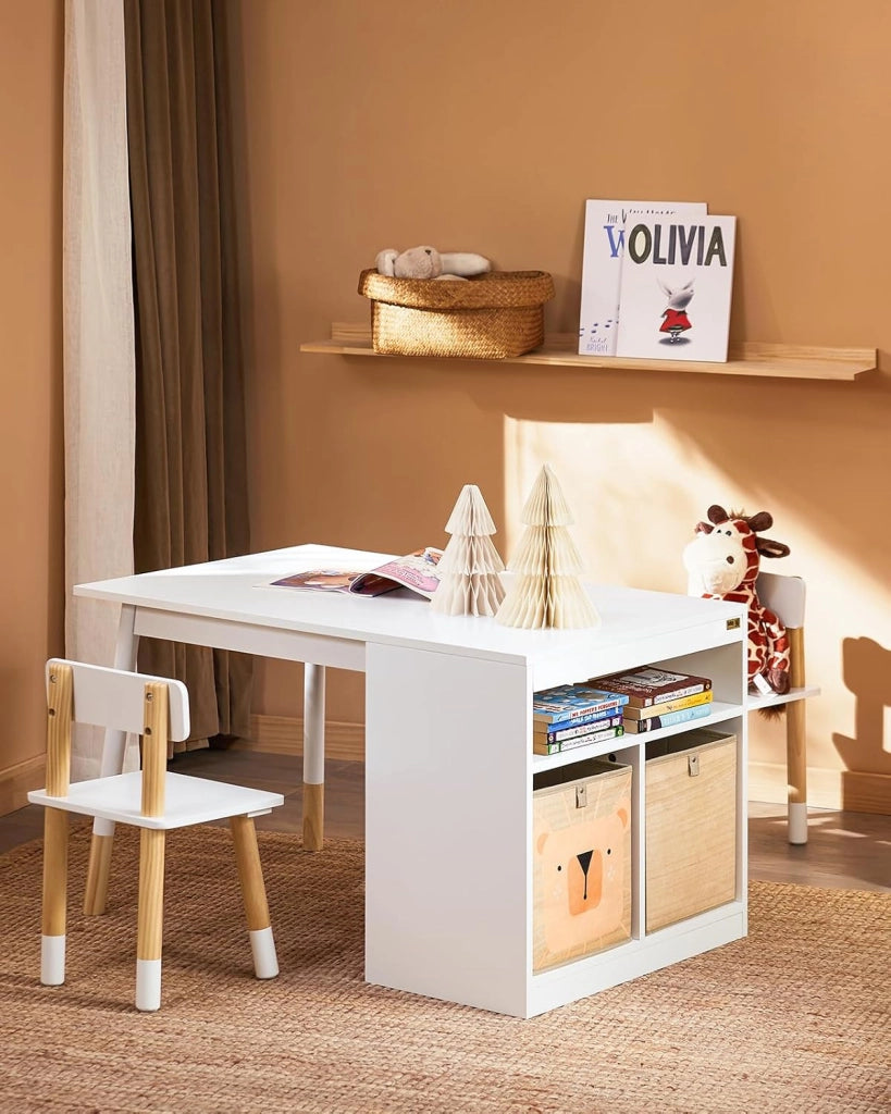 Tavolo per bambini con 2 sgabelli Set mobili per bambini Tavolo con spazio di archiviazione Bianco 90x60x53cm KMB113-W