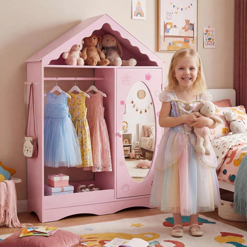 Armadio con Specchio per Bambini, Guardaroba Coperto con Appendiabiti Aperto, Scaffali e Ganci, Armadio e Organizzatore di Costumi per Camera da Letto e Stanza dei Giochi (Rosa)