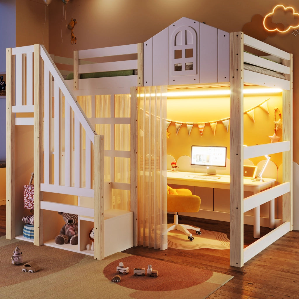 LETTO A SOPPALCO 140x200 cm con luci LED, scala contenitore, Bianco/Naturale