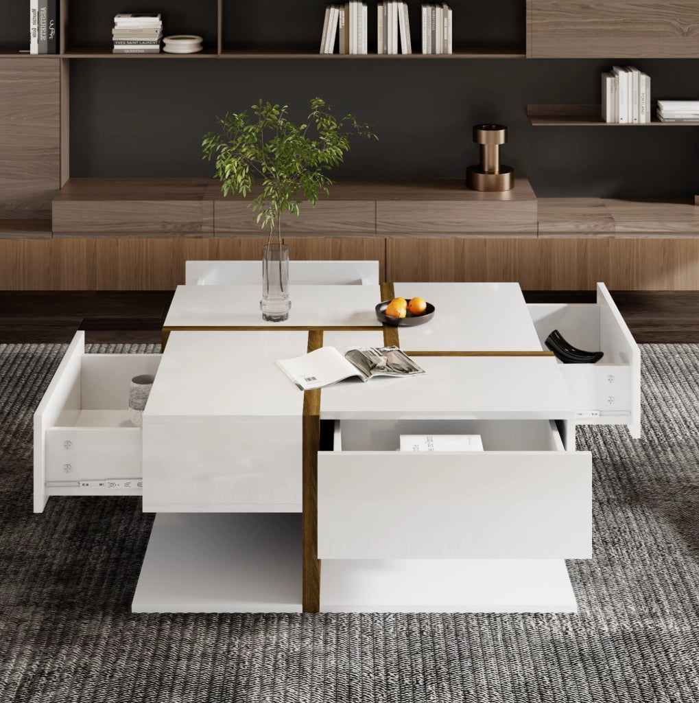 Tavolino da caffè quadrato 78 x 78 x 34;8 cm con 4 cassetti; effetto lucido; bianco