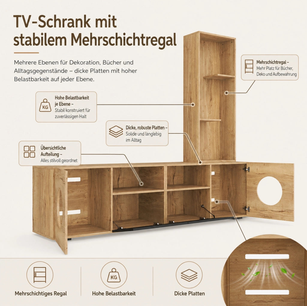 MOBILE TV con Libreria e Area per Gatti 185x40x162 cm Nero e Naturale