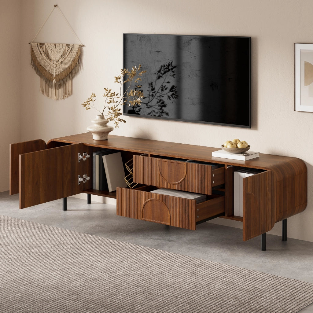 Mobile TV 180 cm in MDF con 3 ante; 2 cassetti e gambe in metallo; noce