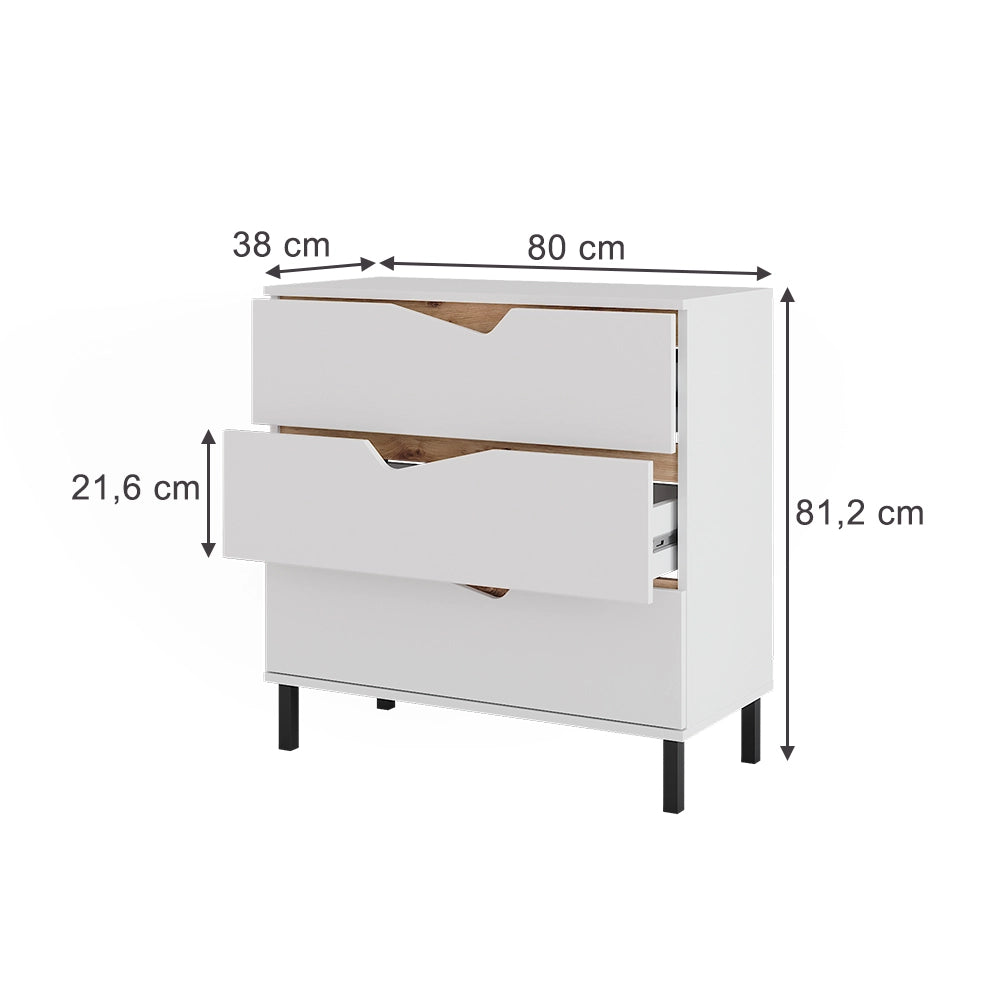 Vicco Cassettiera per camera da letto Bianco/Artisan 80 x 81.2 cm con 3 cassetti