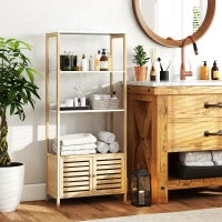 Mobile Bagno in Bambù con 3 Ripiani e Armadietto Inferiore, 63x30x138 cm, Color Legno e Bianco
