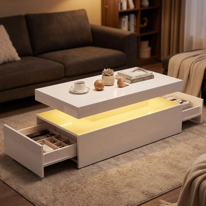 Tavolino basso con LED RGB, 2 cassetti e vano contenitore, per soggiorno e gaming, bianco lucido 100 × 50 × 40 cm