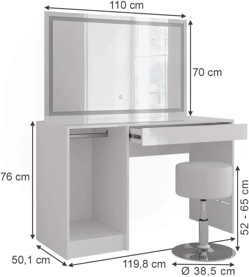 Tavolo da toeletta Sherry, Bianco/bianco lucido, 119.8 cm con illuminazione a LED e sgabello