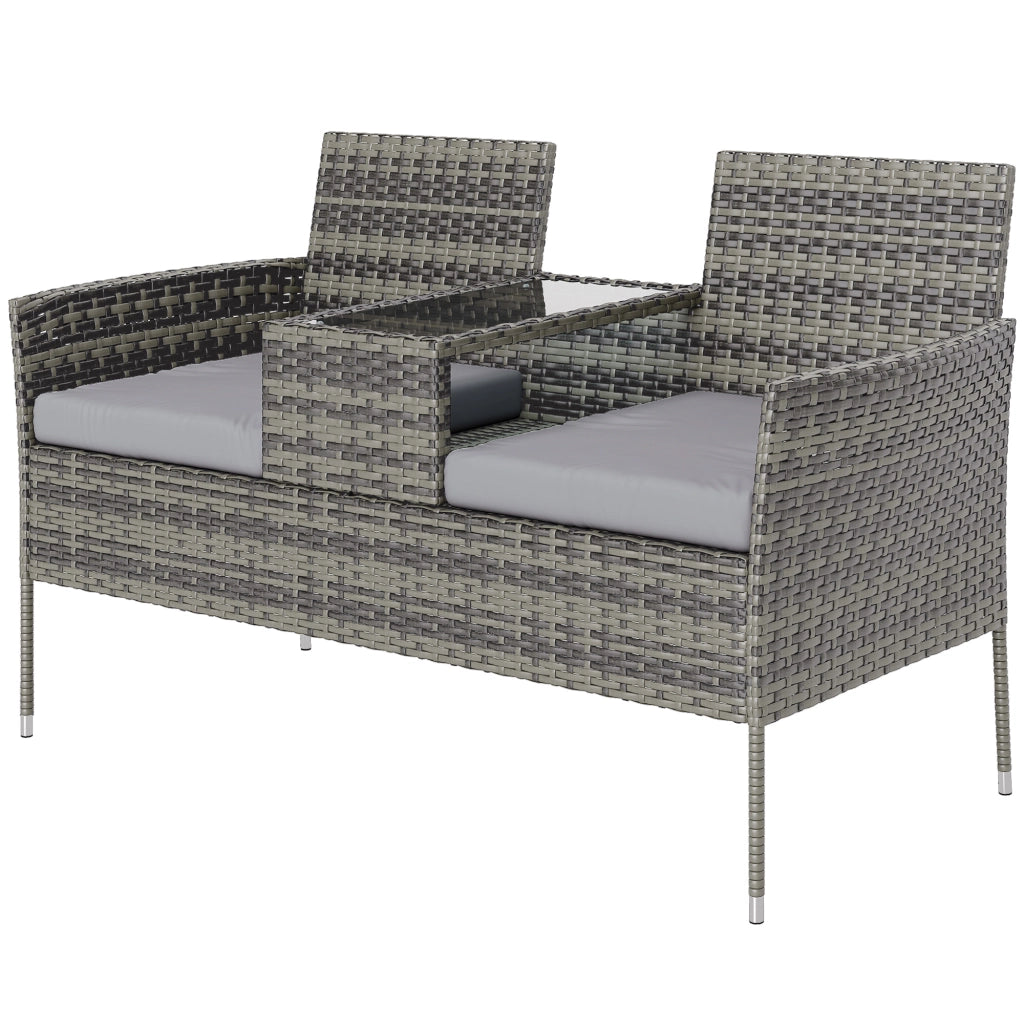 Panchina da Esterno 2 Posti con Tavolino da Caff¨¨, in Acciaio e Rattan PE, 137x59x82 cm, Grigio