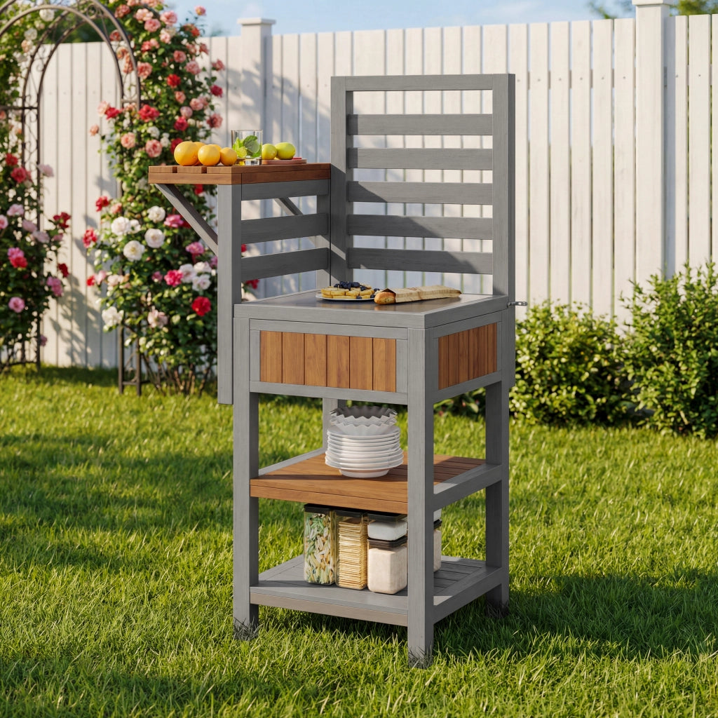 Armadio Da Giardino con Piano In Acciaio Inox e Doppio Ripiano Contenitore in Legno Massello Naturale 74 × 54 × 149 cm