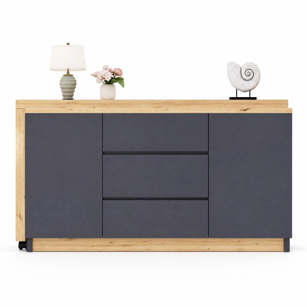 Scrivania pieghevole girevole 360° con rotelle frenanti, 120x50x76,5 cm, effetto grigio e quercia, con 2 porte e 3 cassetti