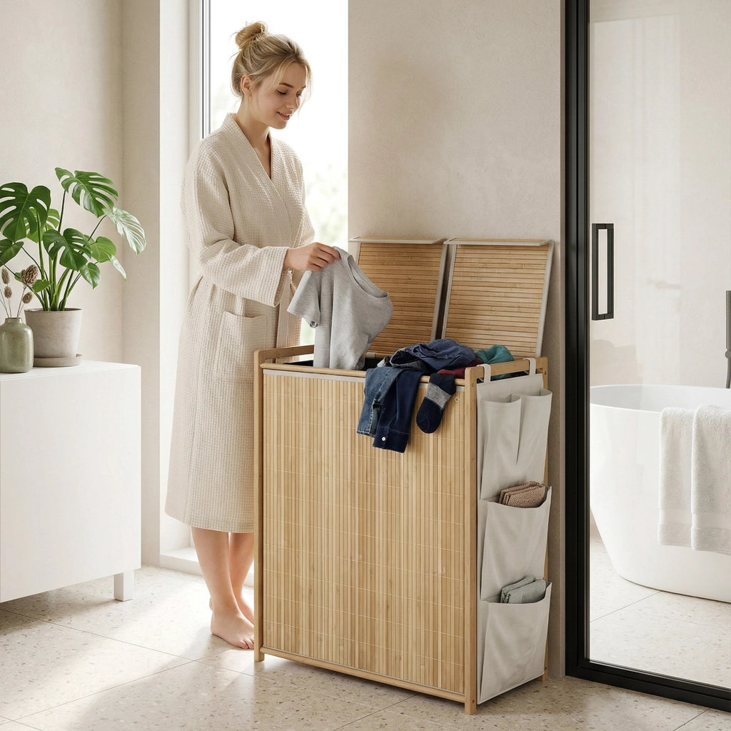 Cesto portabiancheria in bamb¨´ con sacco estraibile e tasche laterali ¨C Xylo ¨C 120L naturale