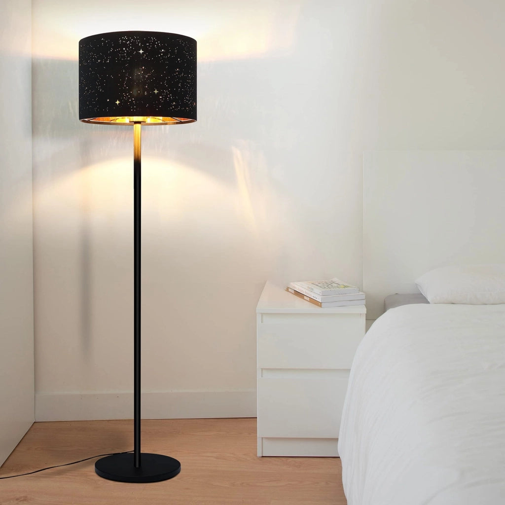 ZMH Lampada da terra moderna tessuto nero oro E27 design stella 144cm max 40W con paralume