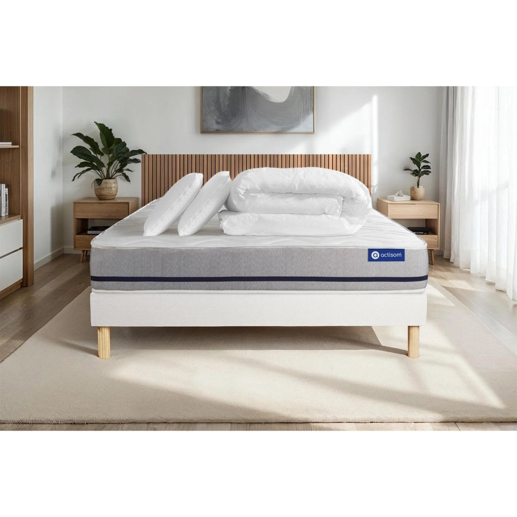 Pacchetto letto completo - Materasso 200x200cm + Box spring con doghe (kit) + 2 cuscini + Piumino - Actimemo Soft