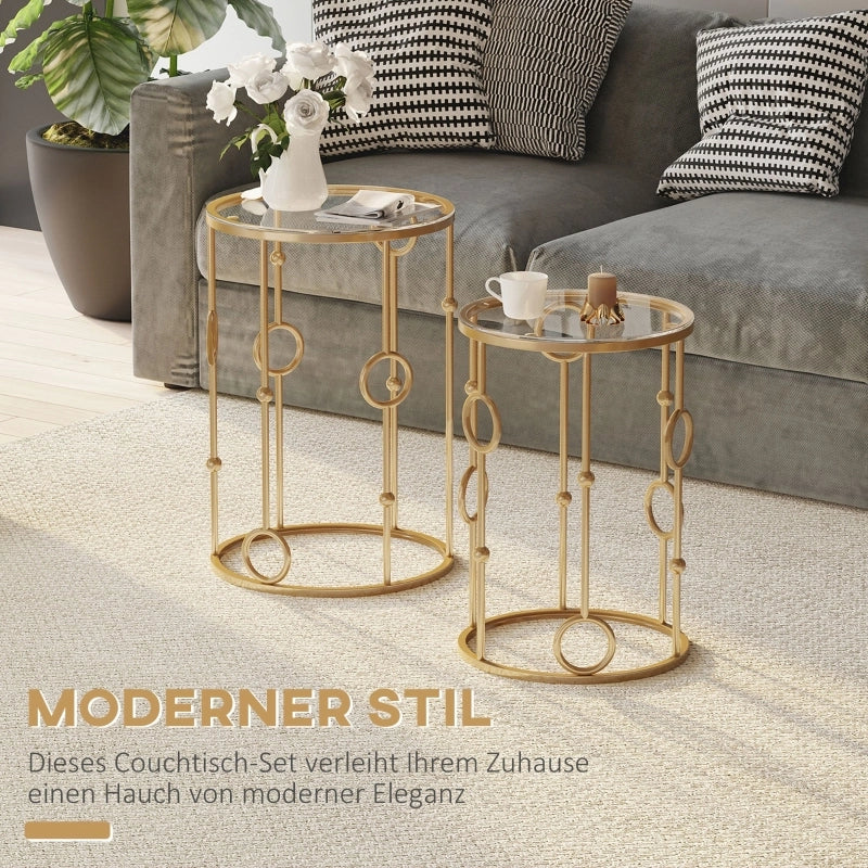 Set di 2 tavolini da salotto in metallo e vetro, design impilabile, colore oro