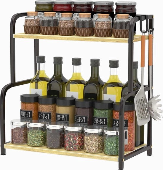 Portaoggetti e utensili in legno e metallo per la cucina, 42x40x41cm, con ganci per l'organizzazione e la conservazione.