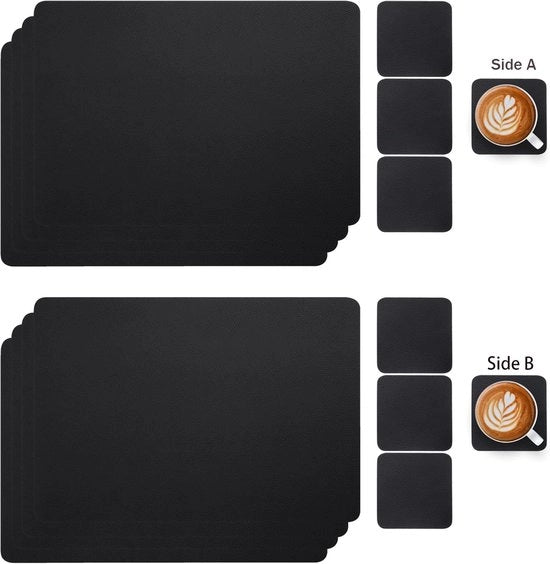 Set di piatti da tavola in pelle e supporti antiscivolo - Piatti da tavola in plastica lavabili e idrorepellenti (Nero A, set da 4)