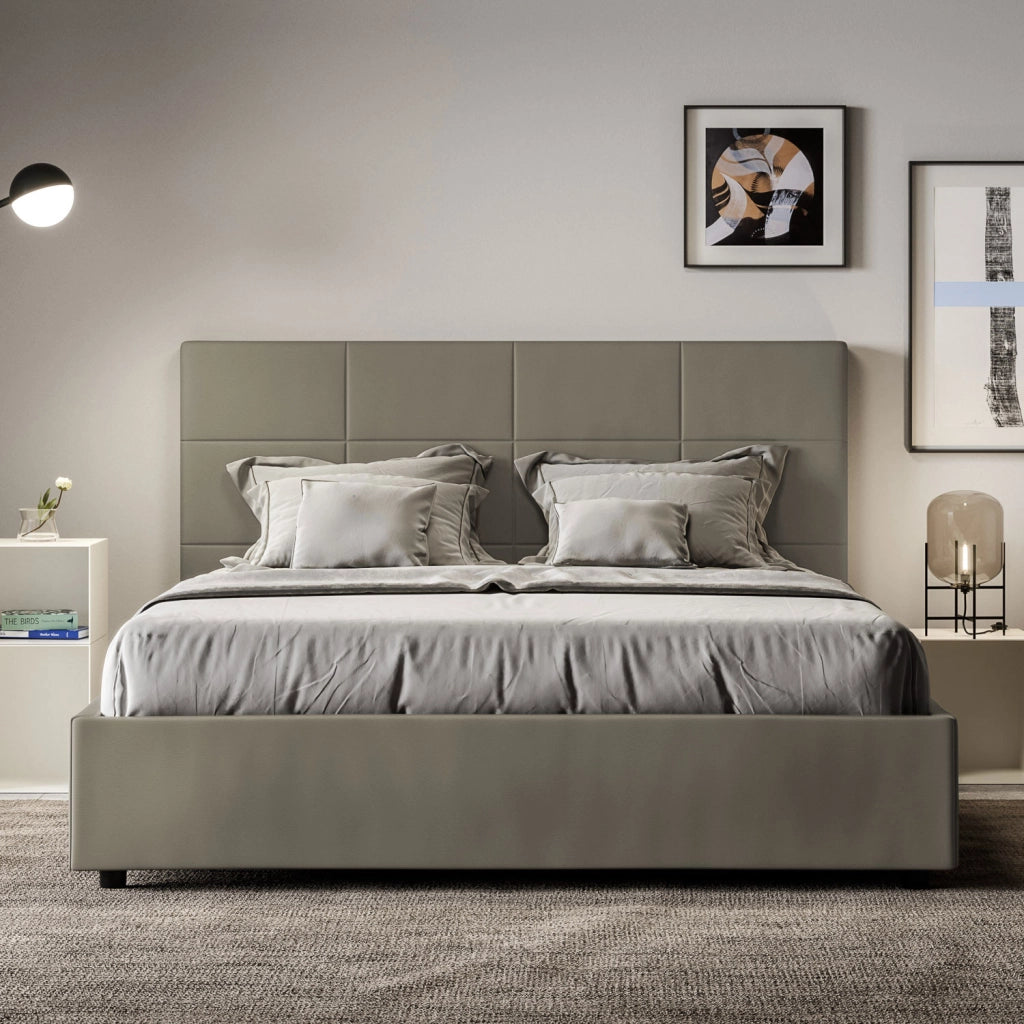 Letto Matrimoniale 160x210 cm con Rete e Contenitore con Alzata Comoda Imbottito in Similpelle Mika Cappuccino