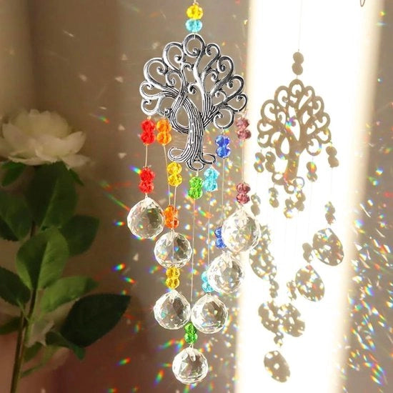 Decorazione per la finestra a forma di prisma con cristalli - Albero della vita da appendere