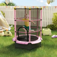 Tappeto Elastico per Bambini con Rete di Sicurezza e Pali Imbottiti Età 3-10 Anni, Ø140 x 190 cm, Rosa