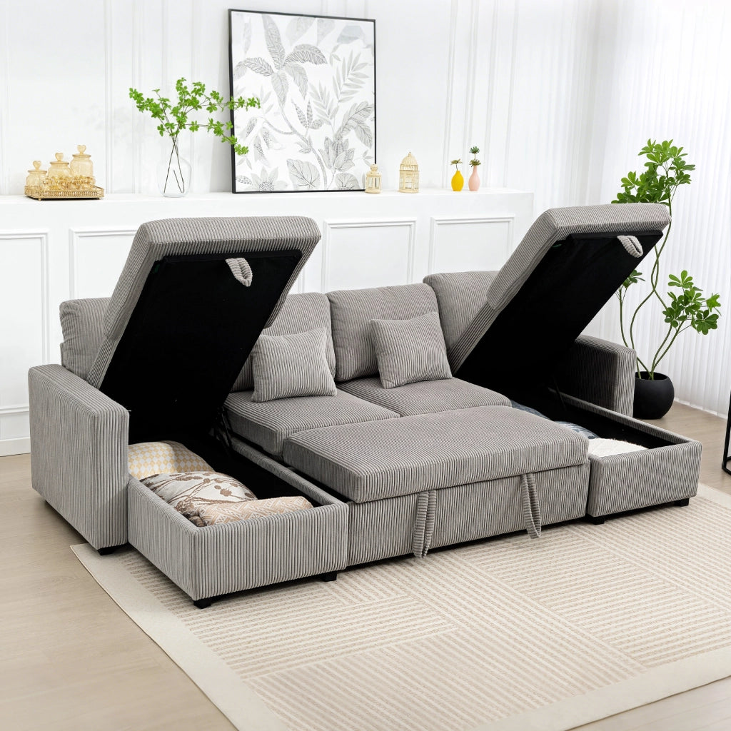 Divano Letto Moderno a U con 2 Chaise Longue e Vani Contenitore, Velluto a Coste, 282x140x86 cm, Grigio