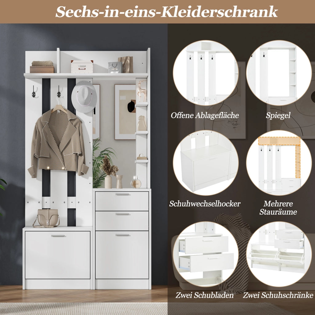 Mobile da ingresso multifunzione con specchio, 2 cassetti, scarpiere a ribalta in MDF bianco 110 × 34 × 185 cm