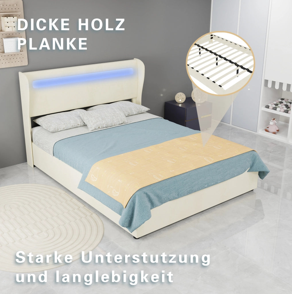 Letto imbottito con LED e testiera regolabile 140x200 cm beige