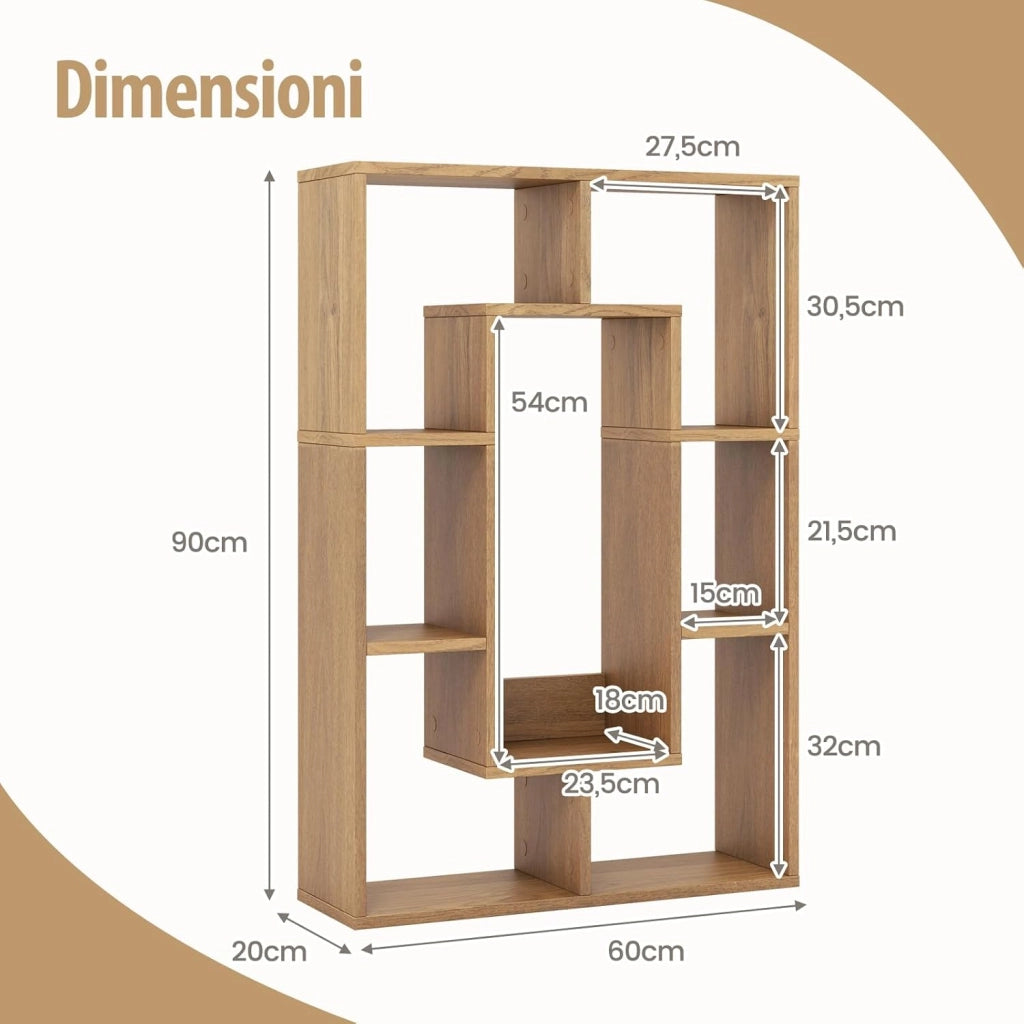 Libreria in Legno, Scaffale Aperto Geometrica a 7 Cubi, Scaffale da Esposizione con Dispositivo Anti-Ribaltamento, per Ufficio Soggiorno Camera da Letto, 60x20x90 cm (Naturale)