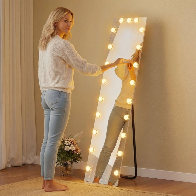 Specchio intero 150x40 cm con LED RGB, 21 lampadine, touch e memoria, vetro temperato
