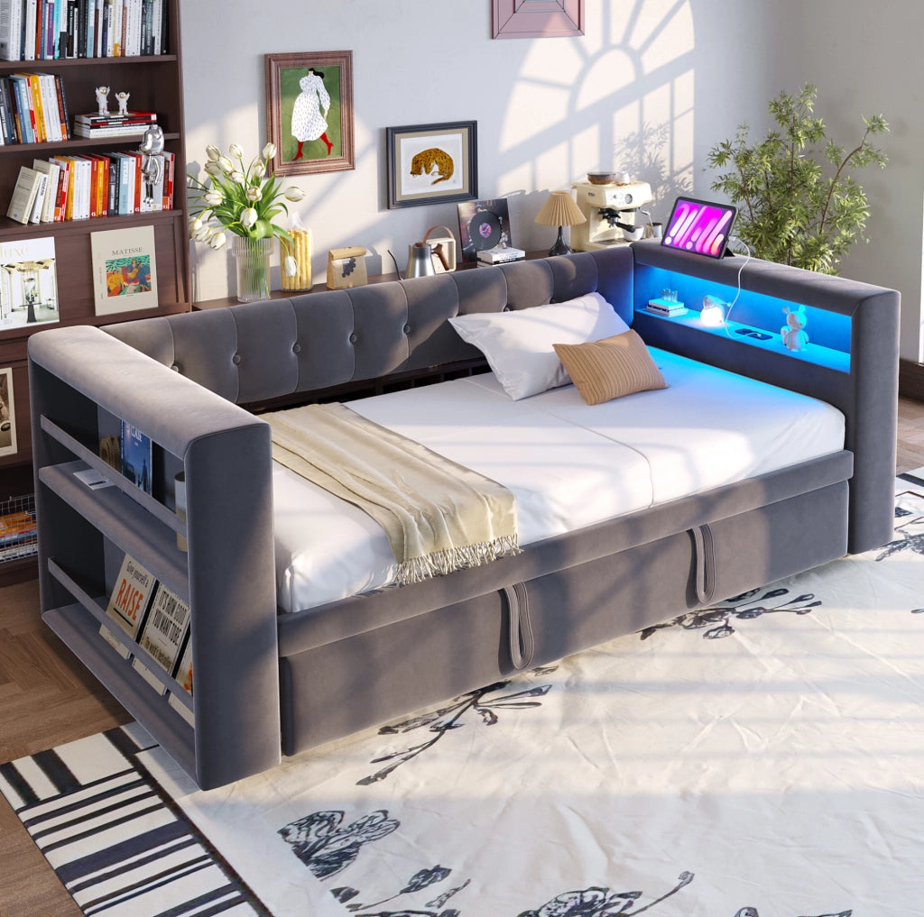 Divano letto multifunzione 90/180 x 190 cm con LED; prese; contenitore e rivestimento grigio scuro