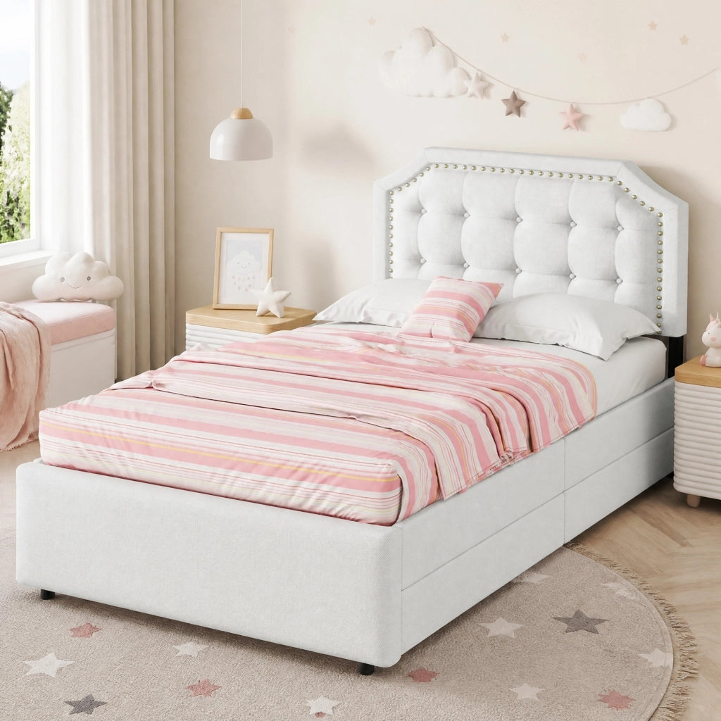 LETTO Imbottito 90x200 cm Beige Chiaro in MDF e lino con 2 cassetti