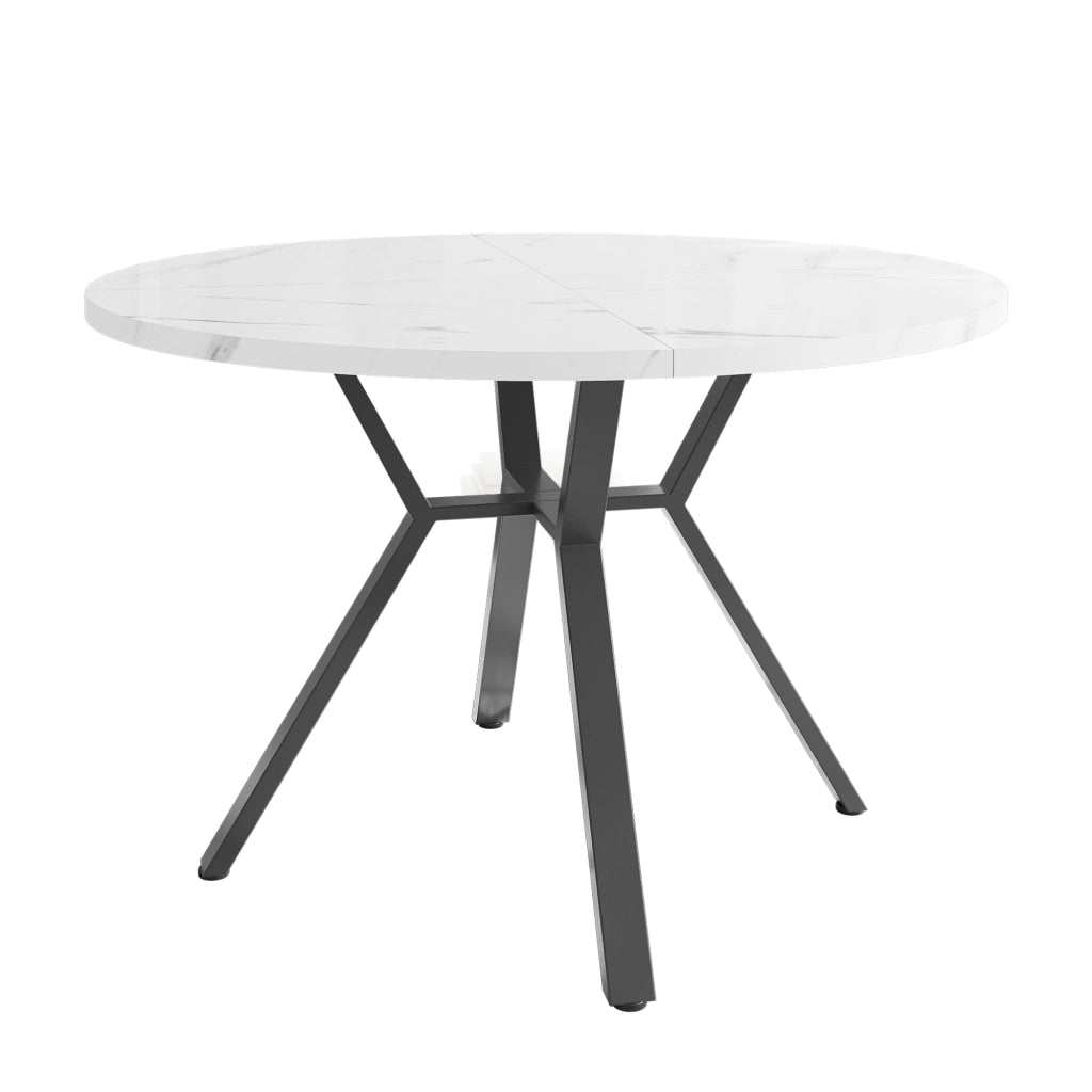 Tavolo da pranzo rotondo con piano effetto marmo e base in metallo a x per sala da pranzo