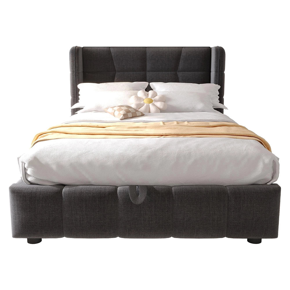Letto imbottito per bambini - Xylo - 90x200 cm - Grigio - Testiera e sistema di stoccaggio pneumatico