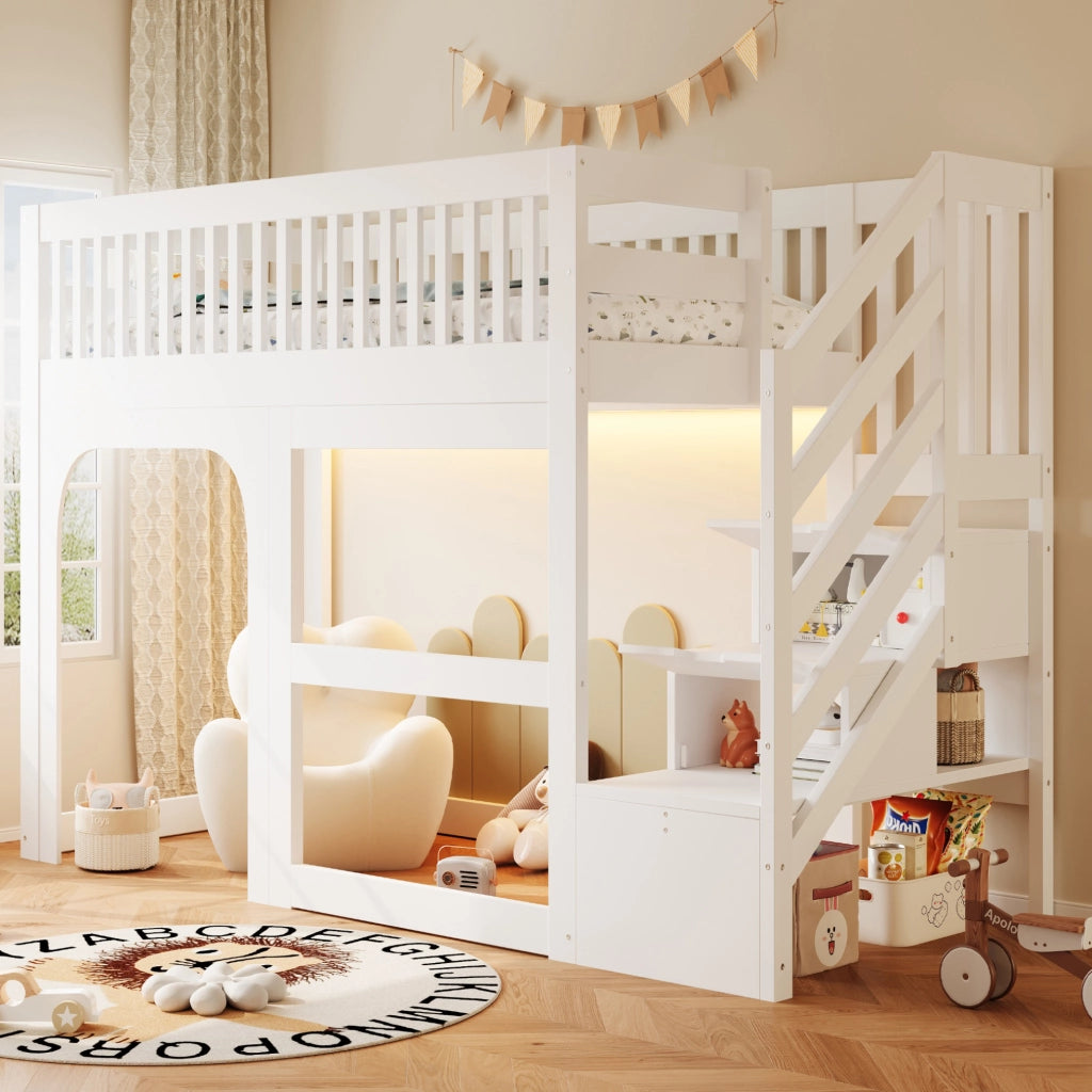 Letto a soppalco per bambini 90x200 cm in legno bianco con scala contenitore e LED