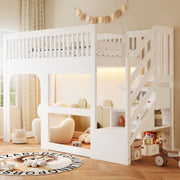 Letto a soppalco per bambini 90x200 cm in legno bianco con scala contenitore e LED