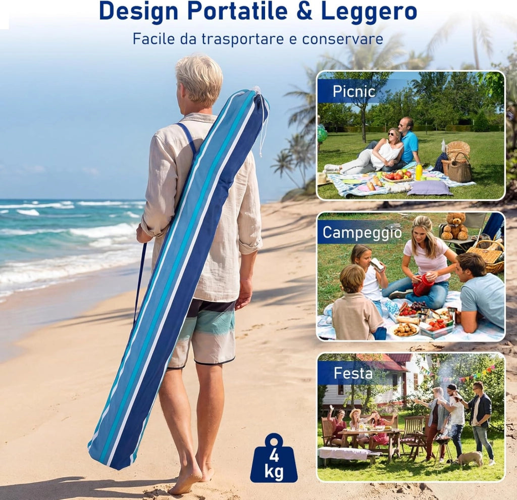 Tenda da Spiaggia Pieghevole, Tenda da Mare con Parete Laterale Rimovibile e Borsa Portatile, Regolabile in Altezza, per Spiaggia, Campeggio e Picnic (Blu Scuro+Bianco, 185 x 185 cm)