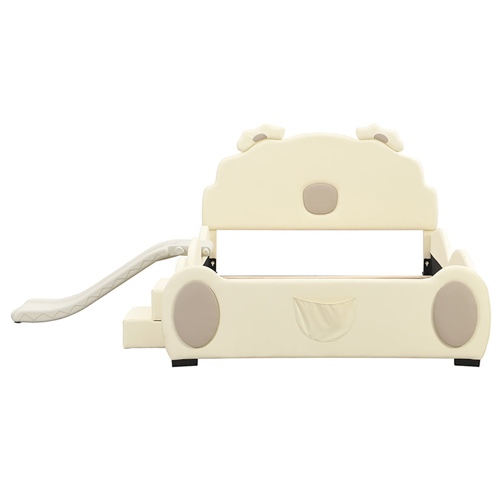 Letto per bambini con scivolo - Xylo - 140x200 cm - Beige - Orso e scala in PU