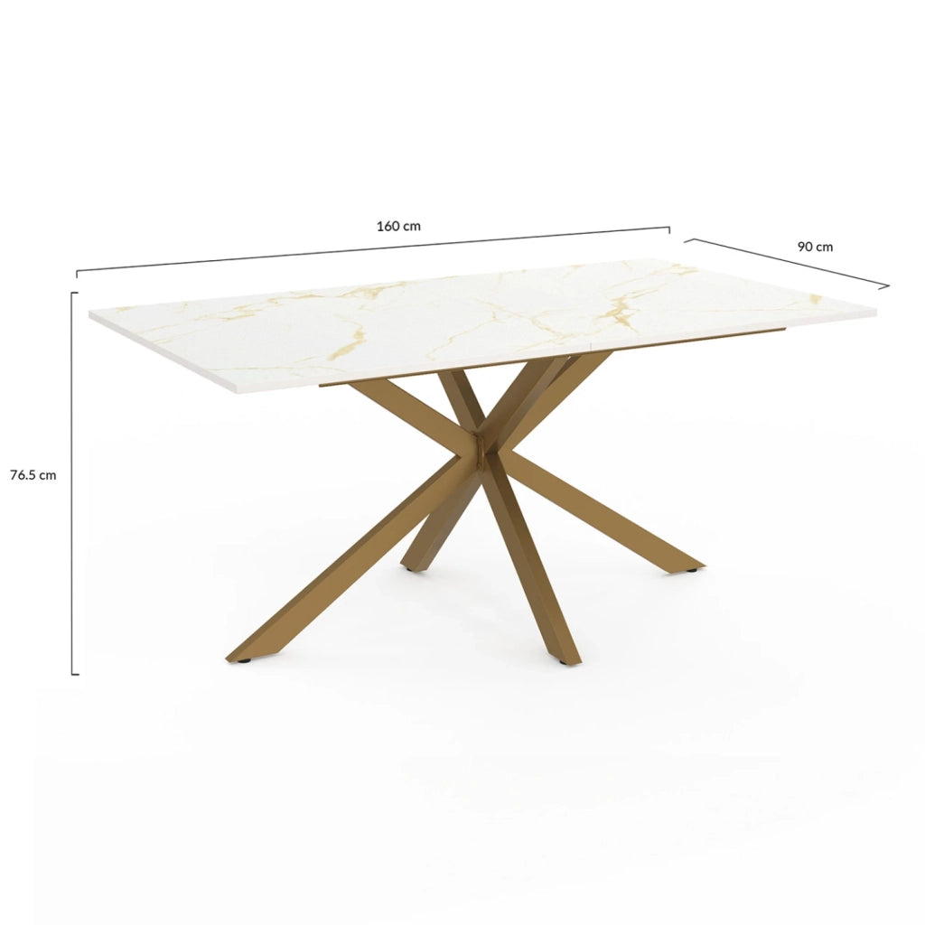 IDMarket - ALIX Tavolo da pranzo rettangolare per 8 persone con gamba a ragno in ottone e piano effetto marmo bianco ALASKA 160 cm