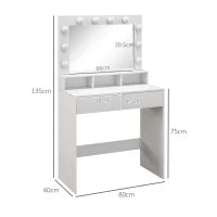 Tavolo da Trucco con Specchio e 10 Luci LED Regolabili, 2 Cassetti e 3 Scomparti, 80x40x135 cm, Bianco