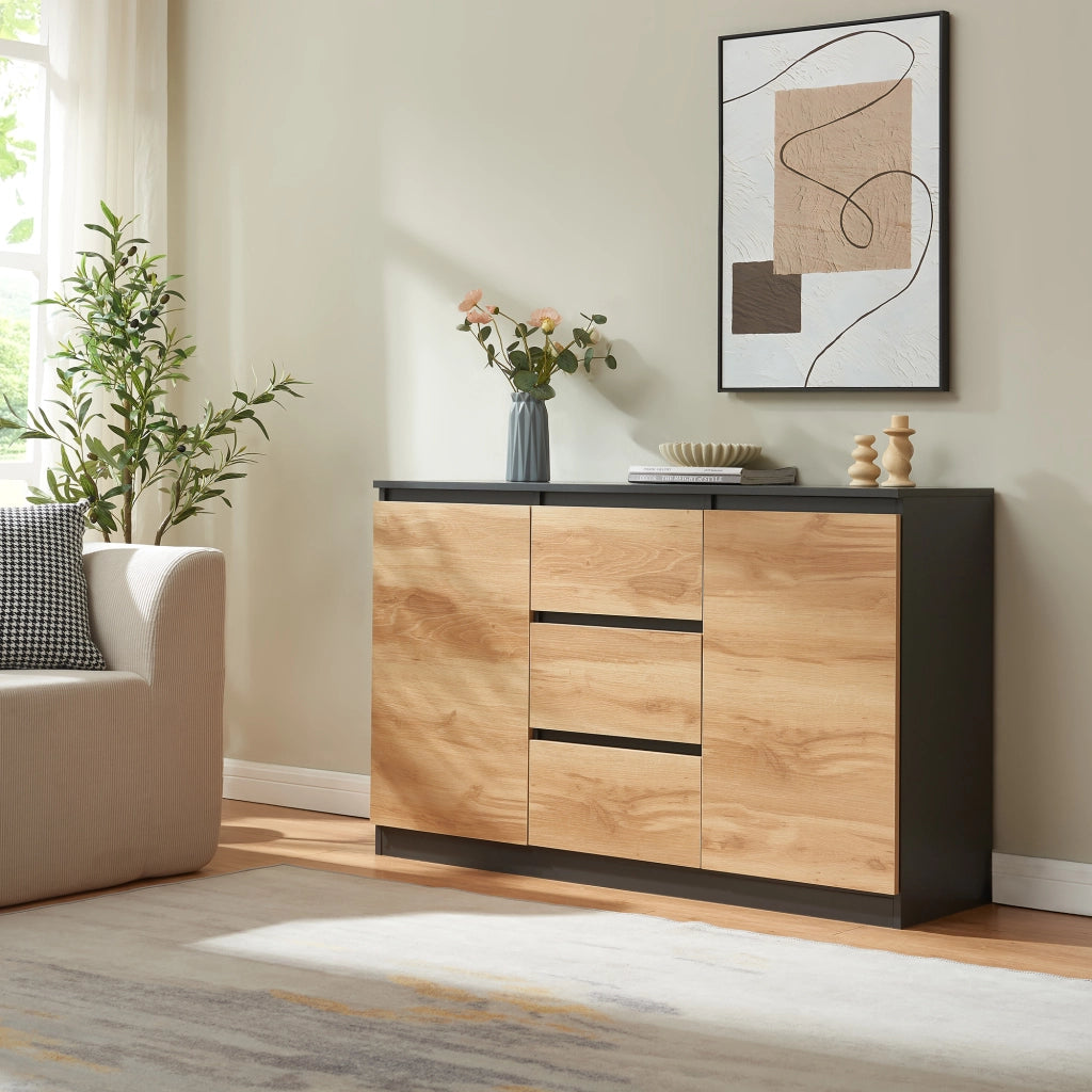 Credenza Mobile Contenitore Kyr Comò con 2 Ante e 3 Cassetti 120 x 35 x 75 cm - Nero/Effetto Rovere Rustico [en.casa]