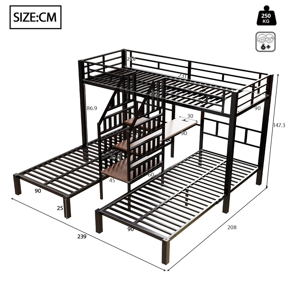 Letto a castello 3 posti con scrivania e luci LED ¨C Minimal ¨C nero metallo 90x200 cm