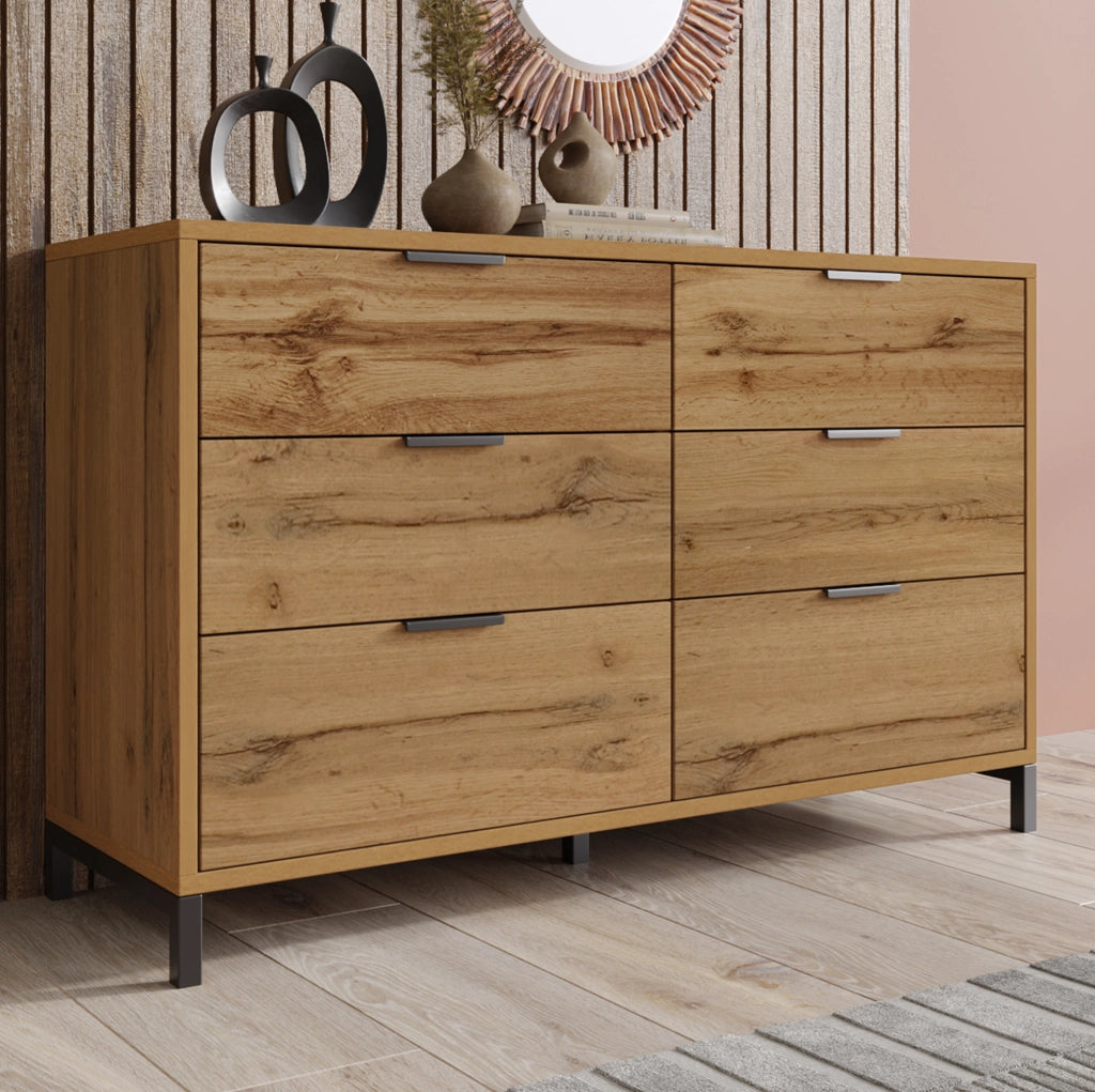 Comò con 6 cassetti 120x40x76 cm in rovere scuro e metallo