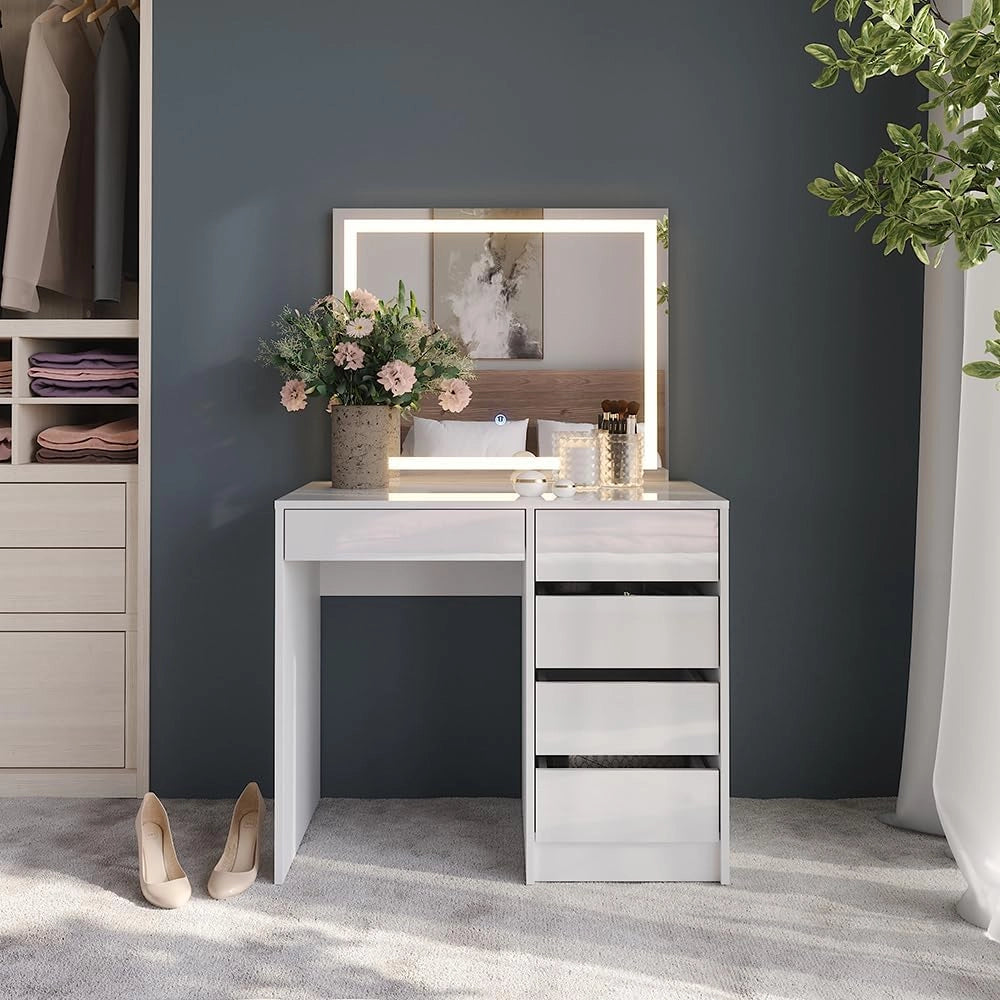 Tavolo da toeletta Sherry, Bianco/bianco lucido, 89.8 cm con specchio LED